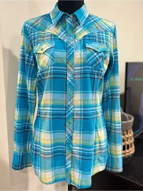 ARIAT Fitted Blue Plaid Metallic Cowgirl Western Button Down Shirt M